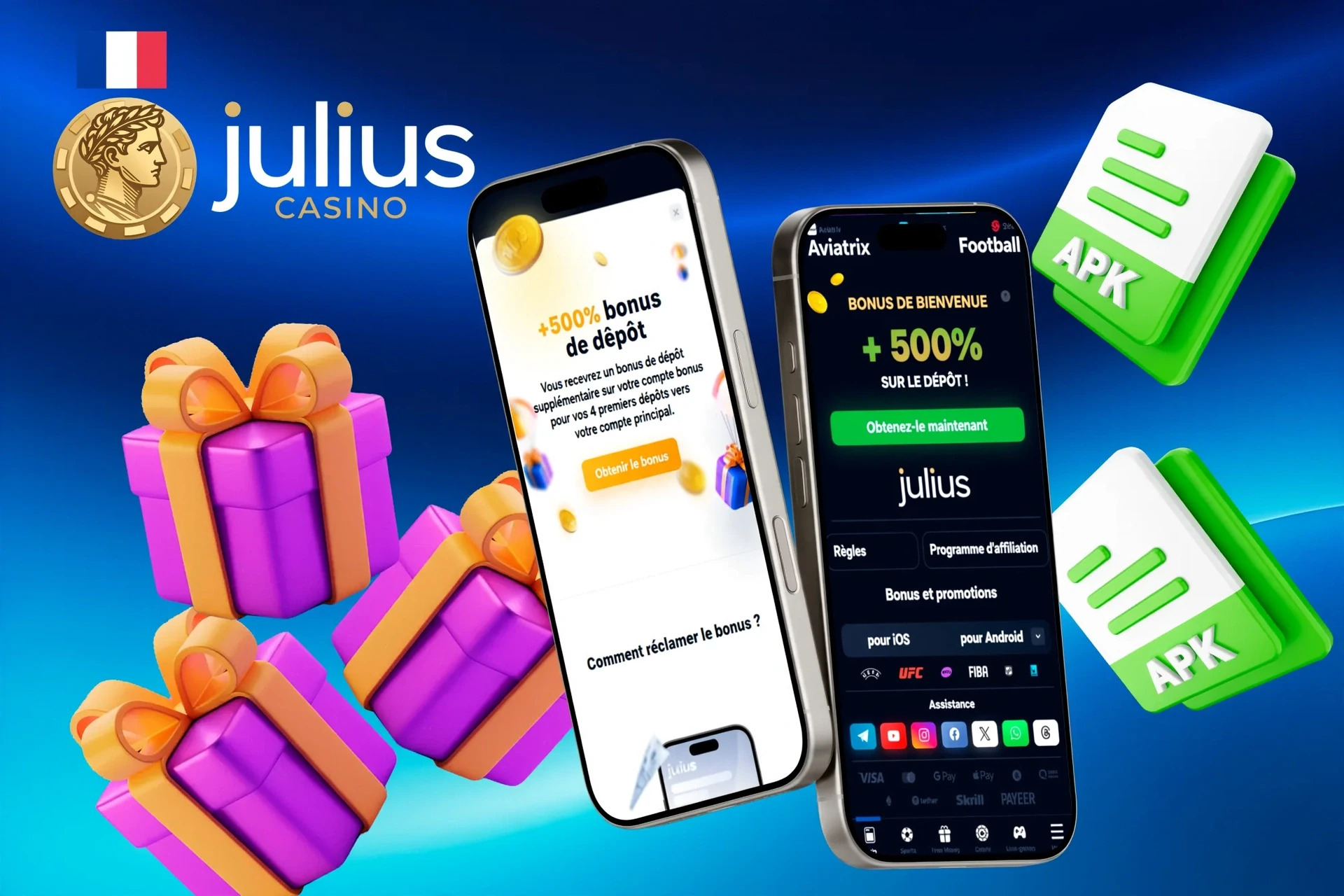Promotion de l'application mobile Julius Casino avec jusqu'à 3 000 € de bonus de bienvenue et 150 tours gratuits, illustration de boîte cadeau