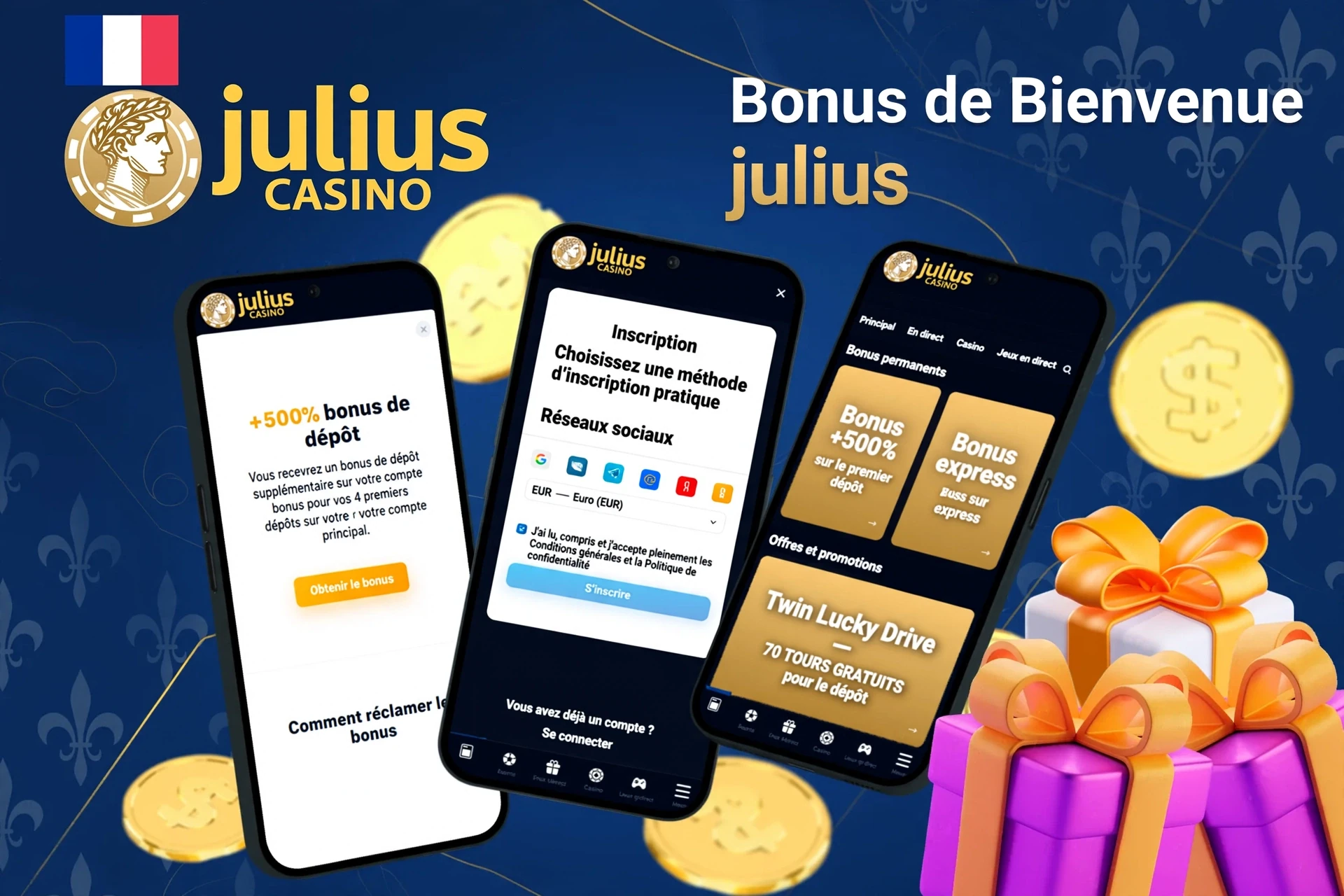 Écrans mobiles montrant l'inscription à Julius Casino et le bonus de dépôt de 500 % avec des boîtes cadeau