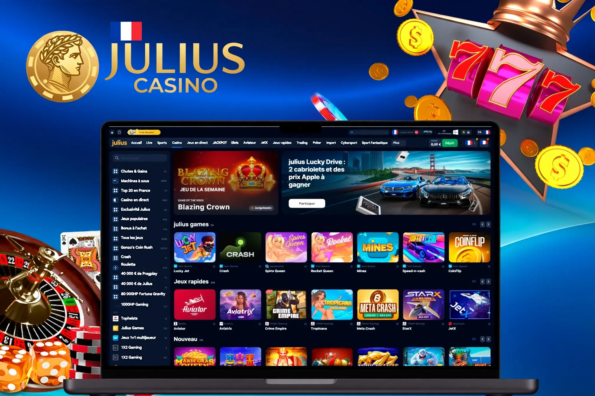 Page d'accueil du casino avec divers jeux de machines à sous et crash, incluant Lucky Jet et Blazing Crown