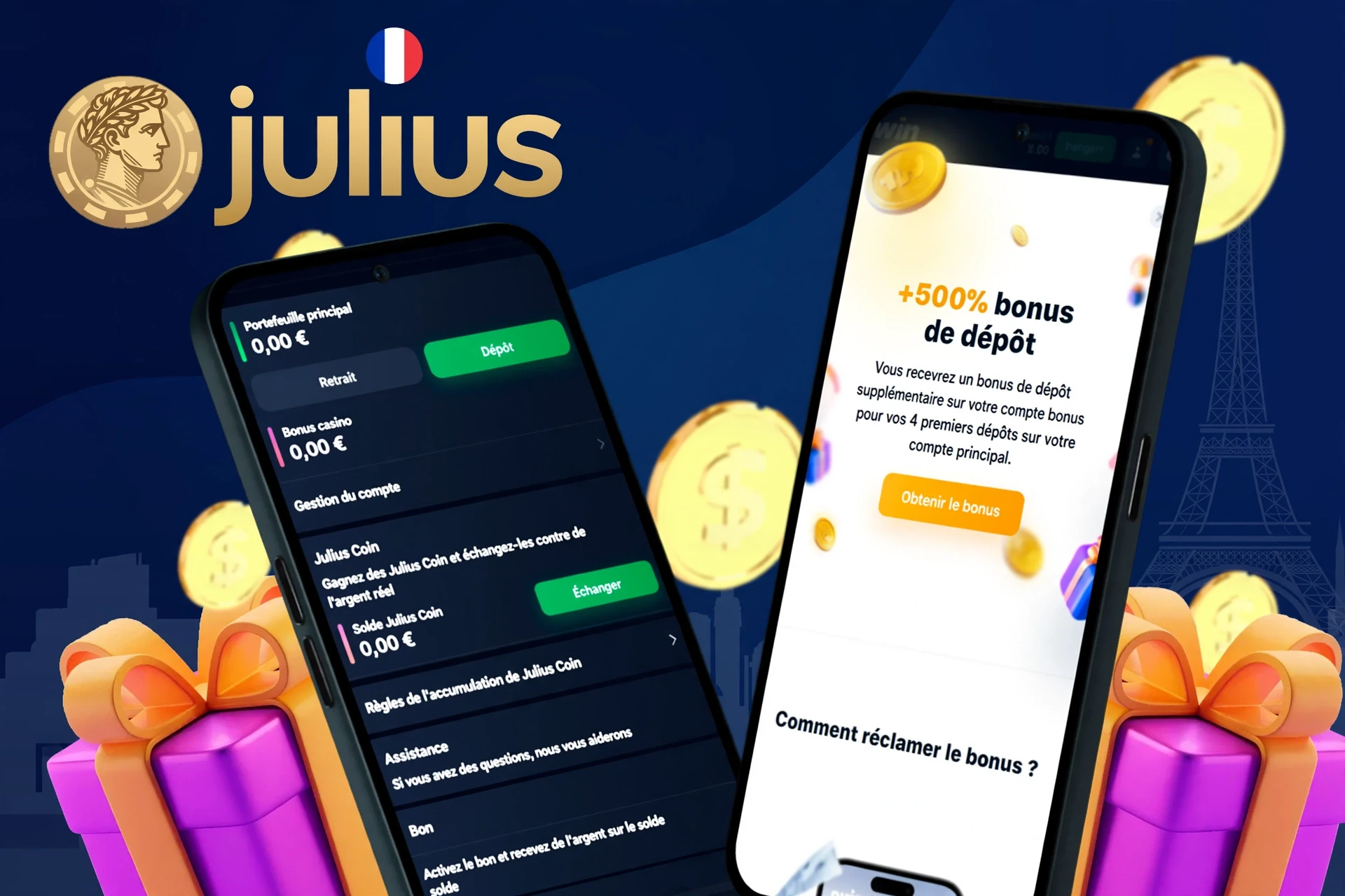 écran de dépôt et de retrait montrant le solde du portefeuille, les options de gestion du compte et une offre de bienvenue allant jusqu'à 3 000 € + 150 tours gratuits