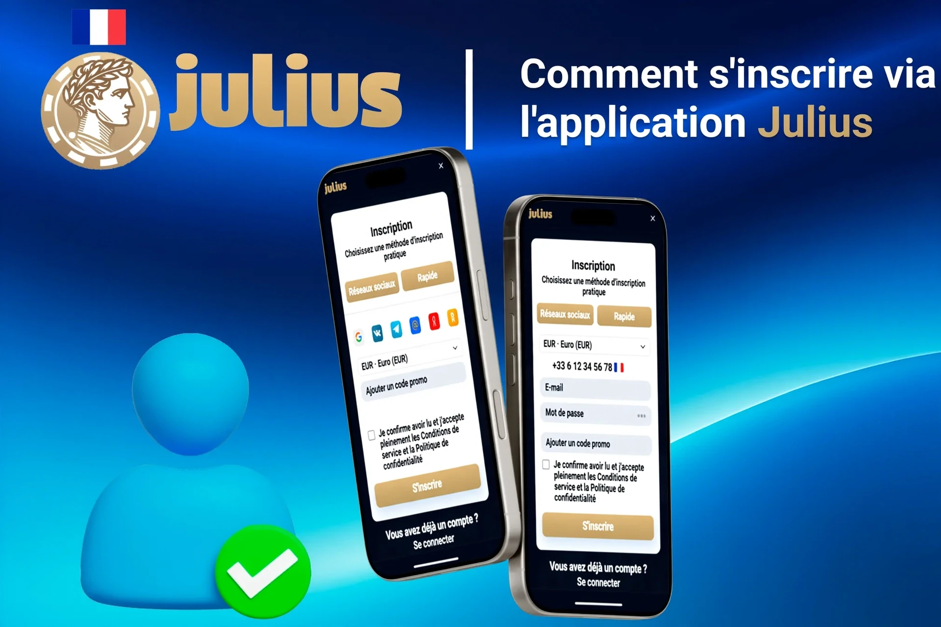 Processus d'inscription sur l'application mobile Julius Casino avec options de connexion sociale