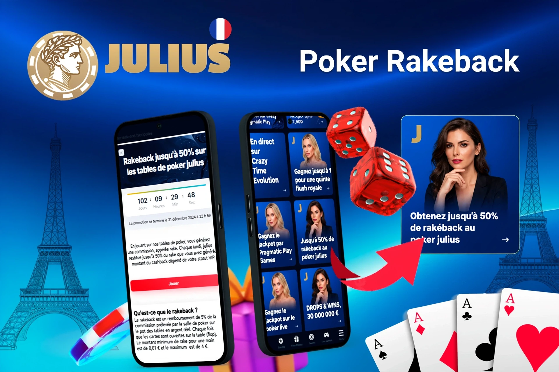 Application mobile avec offre de rakeback poker Julius jusqu'à 50 %, dés rouges et cartes à jouer