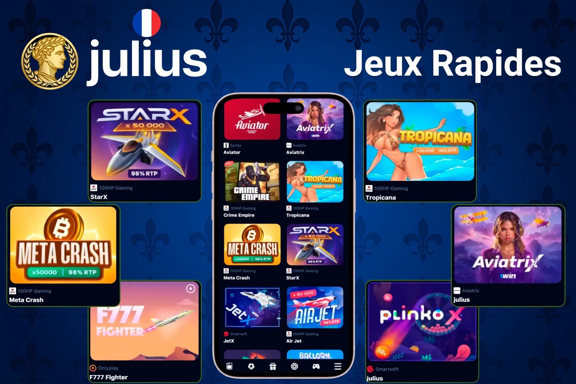 Section jeux rapides avec des titres comme StarX, Tropicana, Meta Crash et PlinkoX mis en avant sur l'application mobile