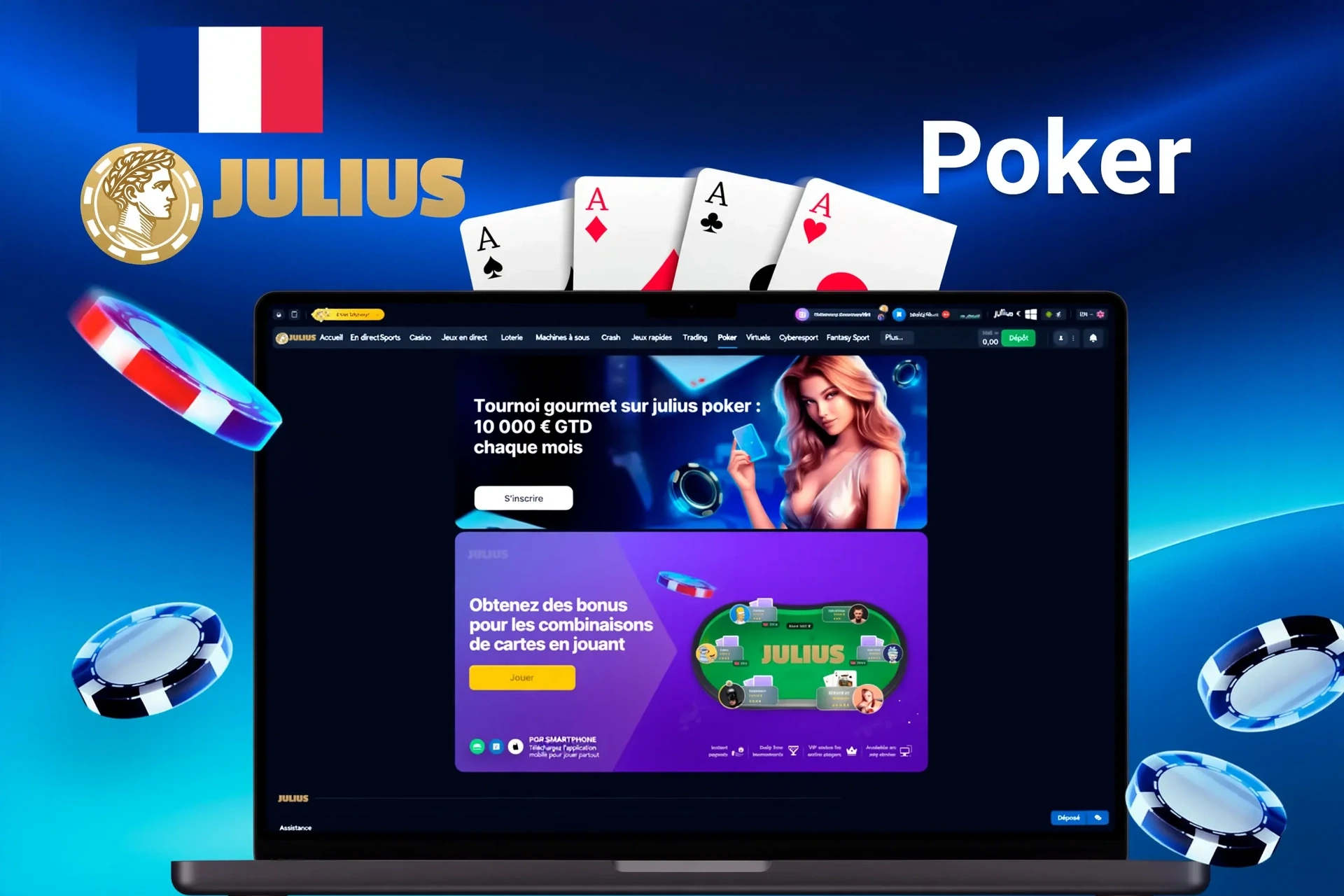 Promotion poker de Julius Casino présentant un tournoi gourmet avec un prix garanti de $10,000 et des bonus pour des combinaisons de cartes