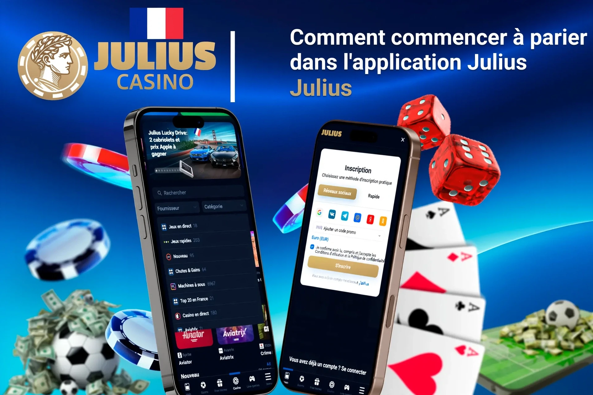 Guide étape par étape pour commencer à parier dans l'application Julius Casino, avec l'inscription et la sélection des jeux affichées sur des écrans mobiles