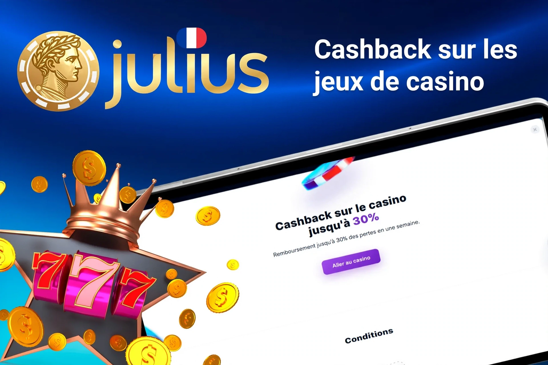 Application mobile avec offre de rakeback poker Julius jusqu'à 50 %, dés rouges et cartes à jouer