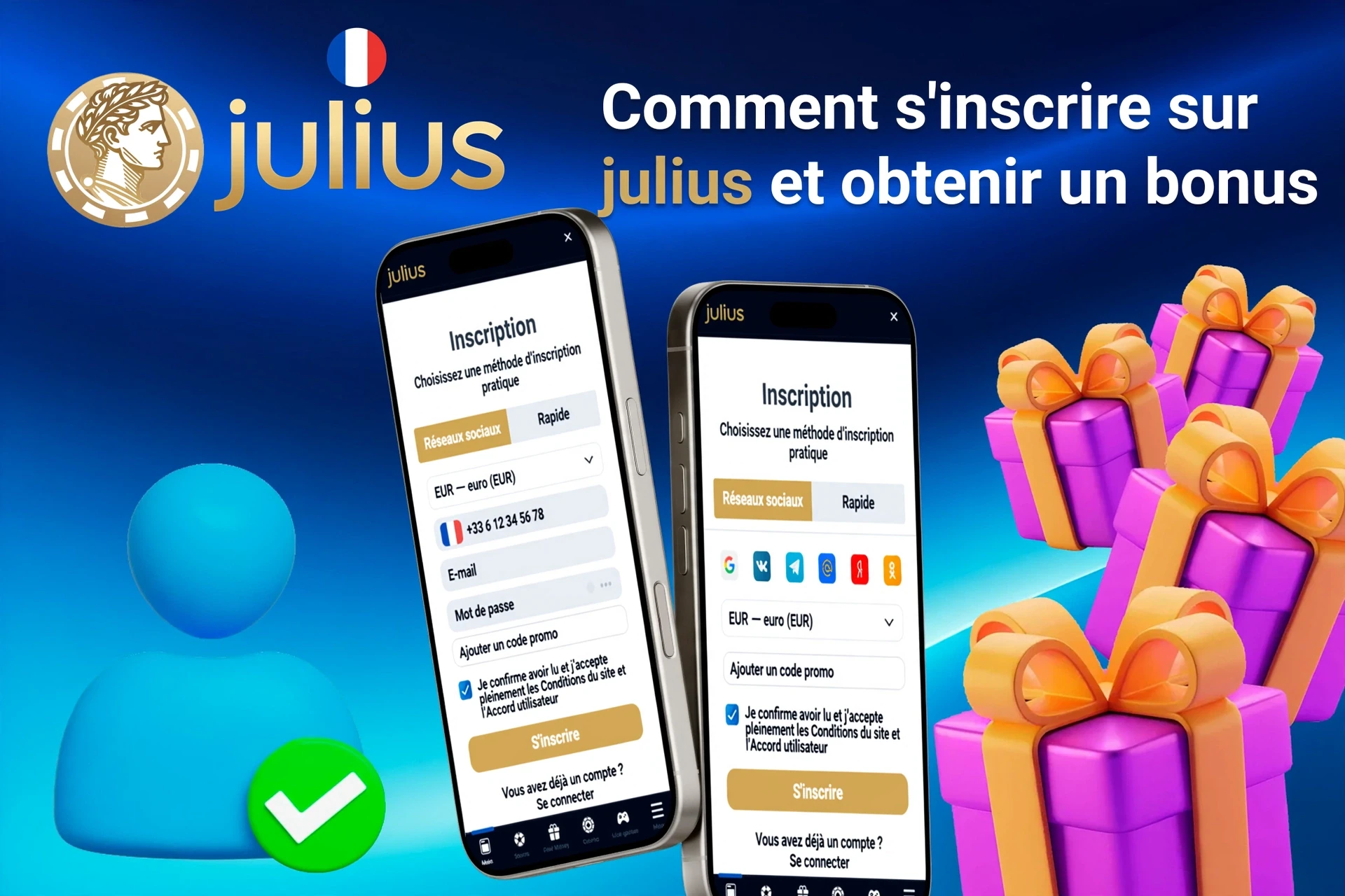 Page d'inscription mobile pour Julius affichant des offres de bonus avec des coffrets cadeaux violets et dorés