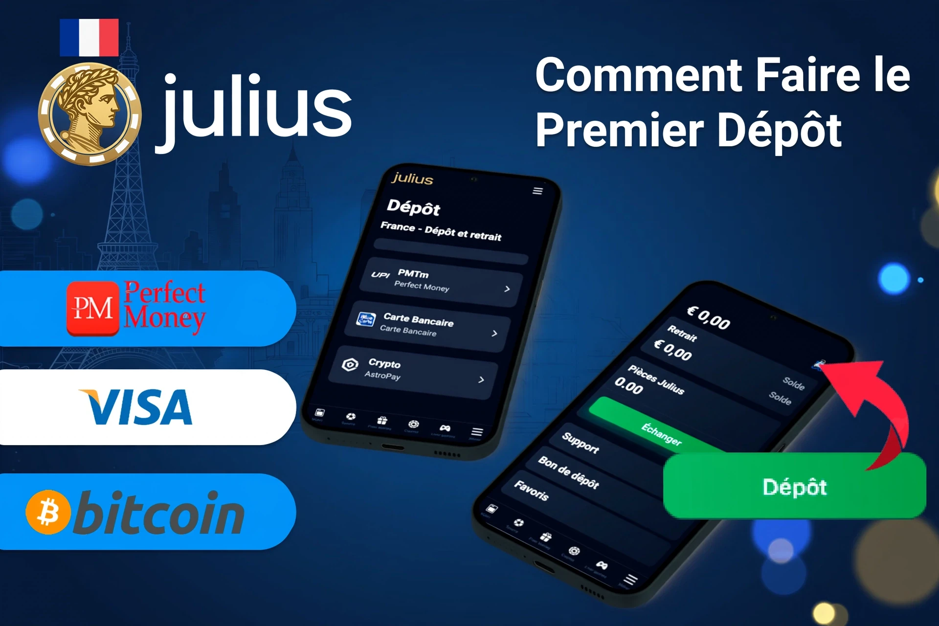 application mobile avec options de dépôt incluant Perfect Money, Visa et Bitcoin, ainsi qu'un bouton de dépôt