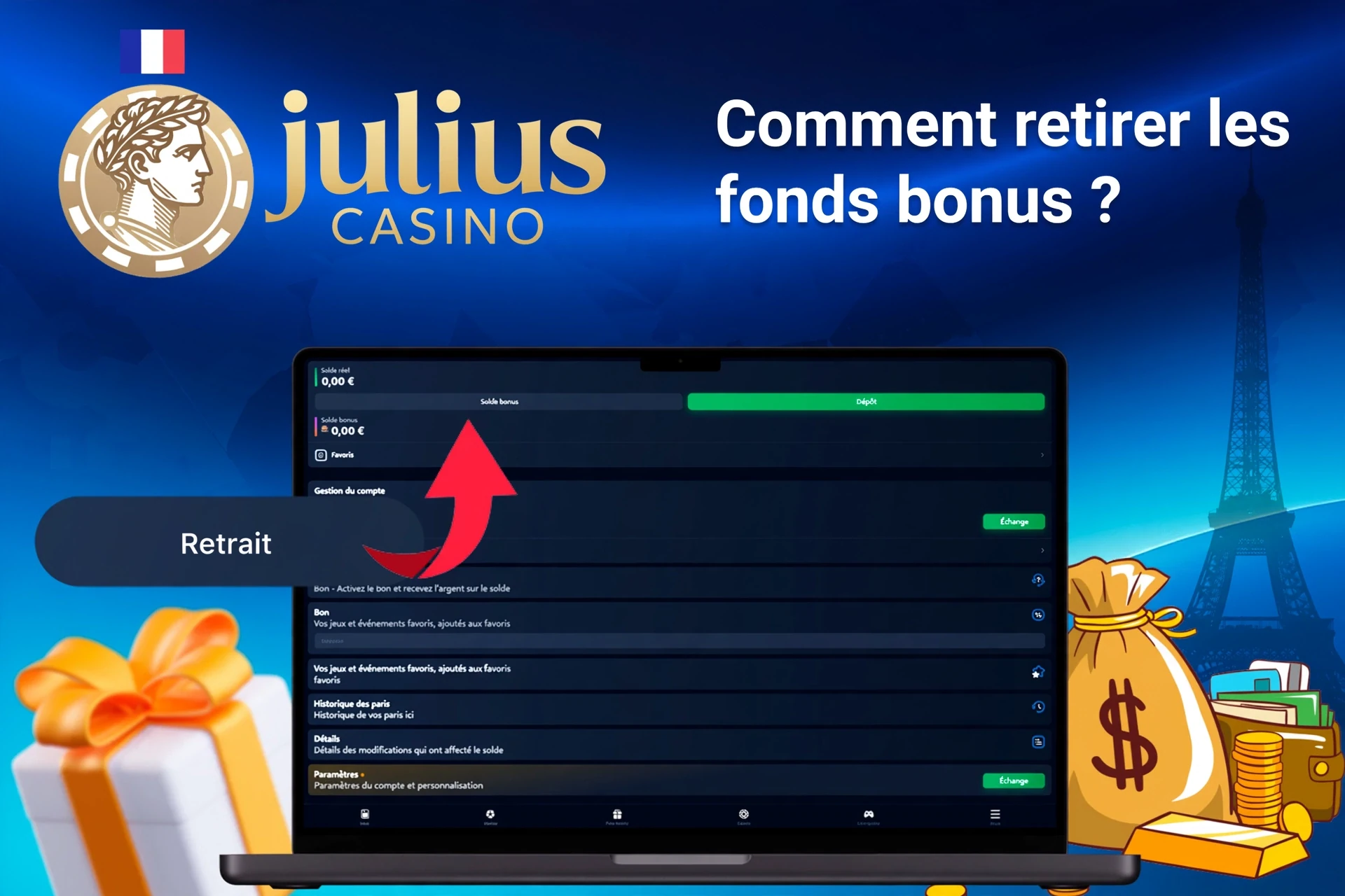 Écran d'ordinateur portable montrant les options de retrait de Julius Casino avec des sacs d'argent et des boîtes cadeaux en arrière-plan