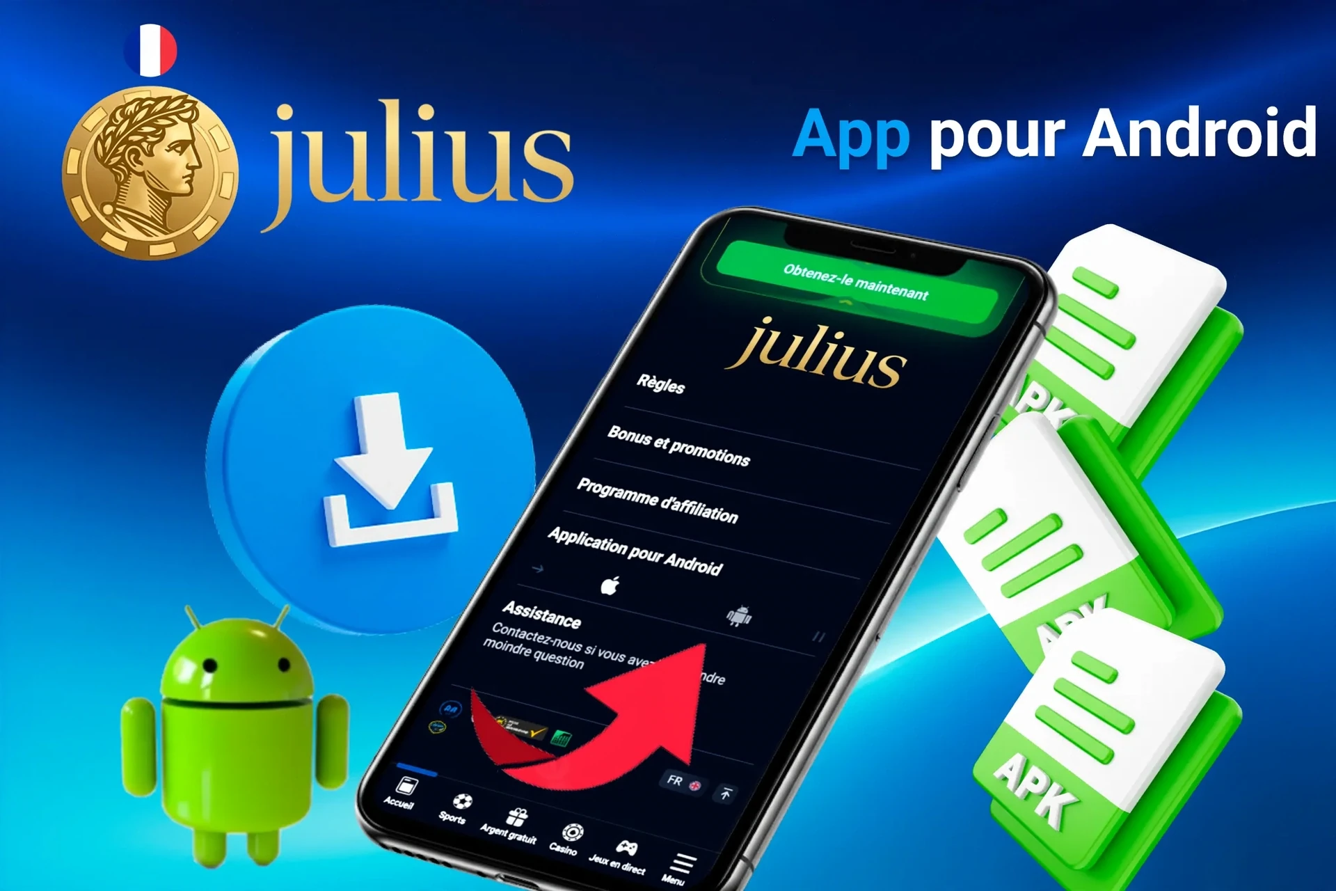 Processus de téléchargement de l'application Julius Casino pour Android avec icônes de fichier APK et mascotte Android