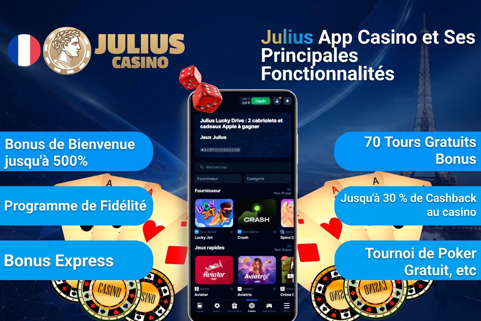 1Win App Casino top features including welcome bonus, loyalty program, and express bonus on mobile interface