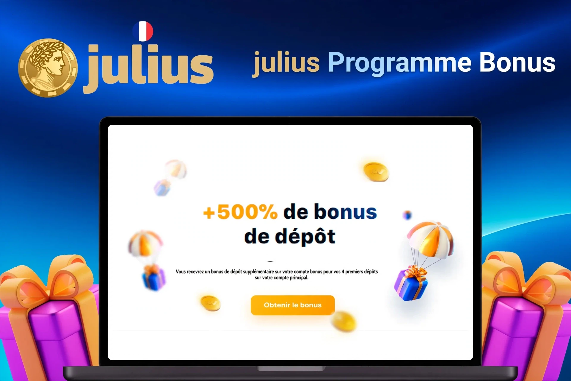 Laptop showing bonus offer of +500% deposit bonus with floating coins and gifts