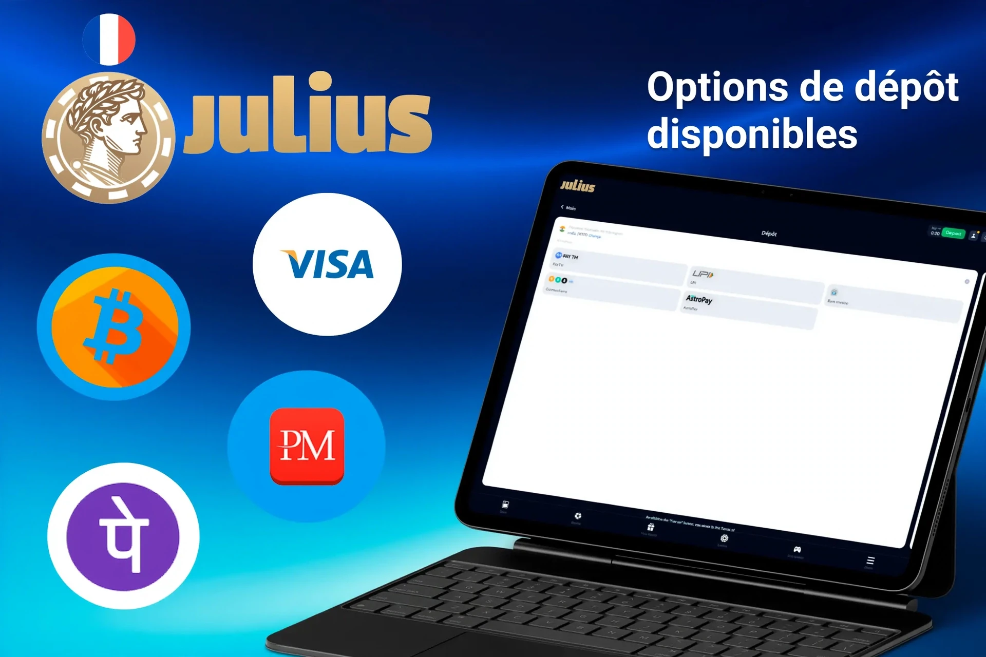 Options de dépôt disponibles sur la plateforme Julius Casino, y compris Bitcoin, Visa, PayTM et Perfect Money, affichées sur une tablette