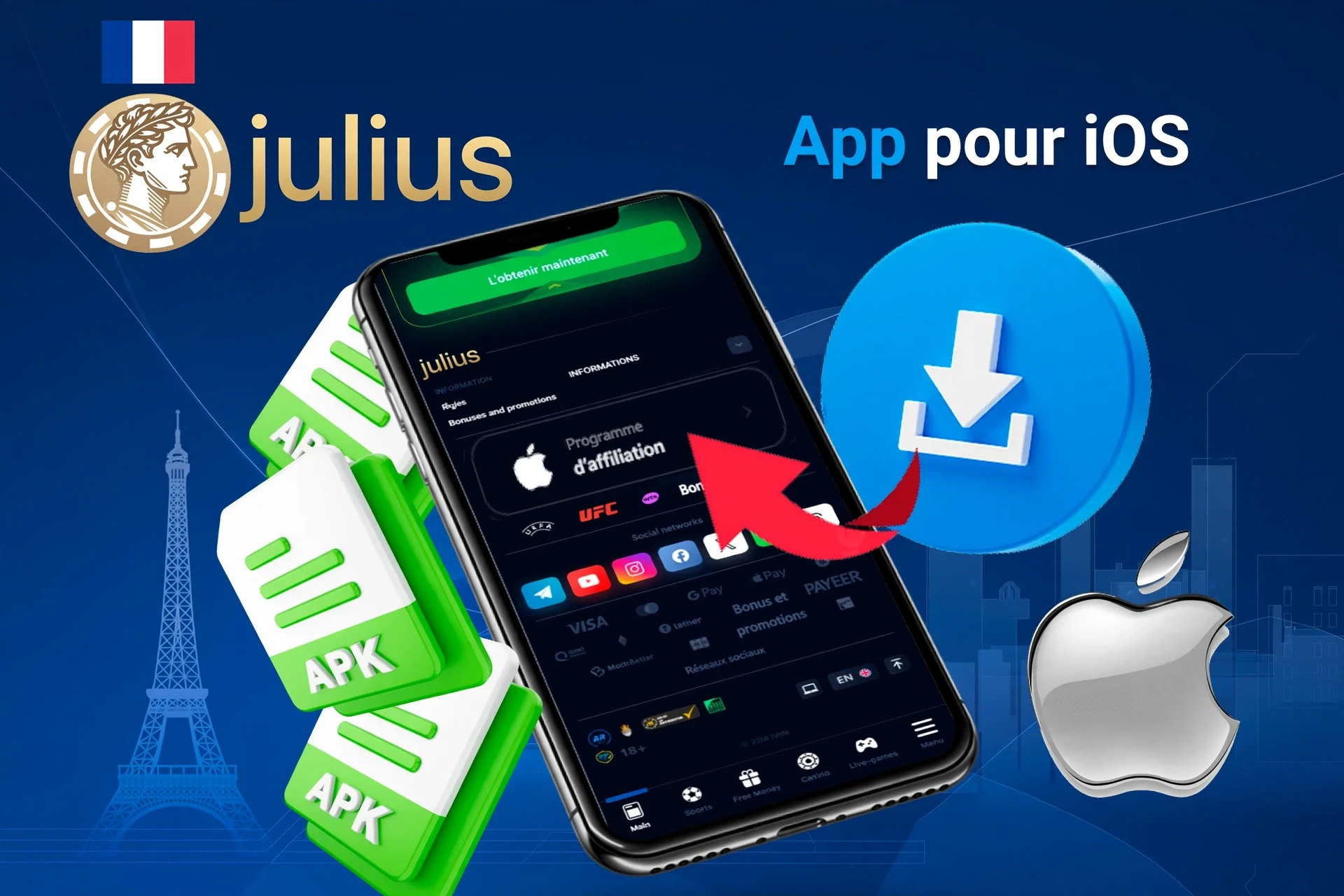 Écran de téléchargement de l'application iOS de Julius Casino avec icônes de fichiers APK et logo Apple