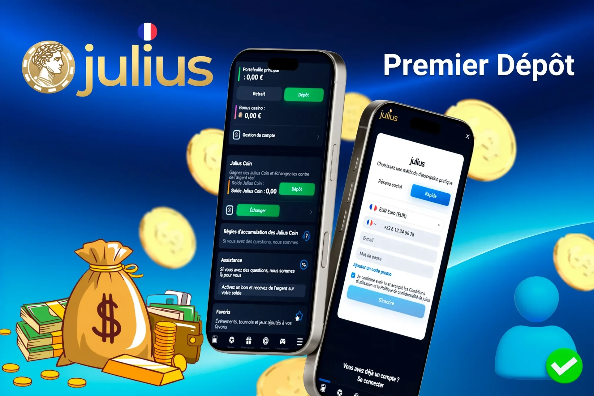 interface mobile montrant les étapes pour effectuer le premier dépôt, avec des icônes pour les options de paiement et l'inscription au bonus