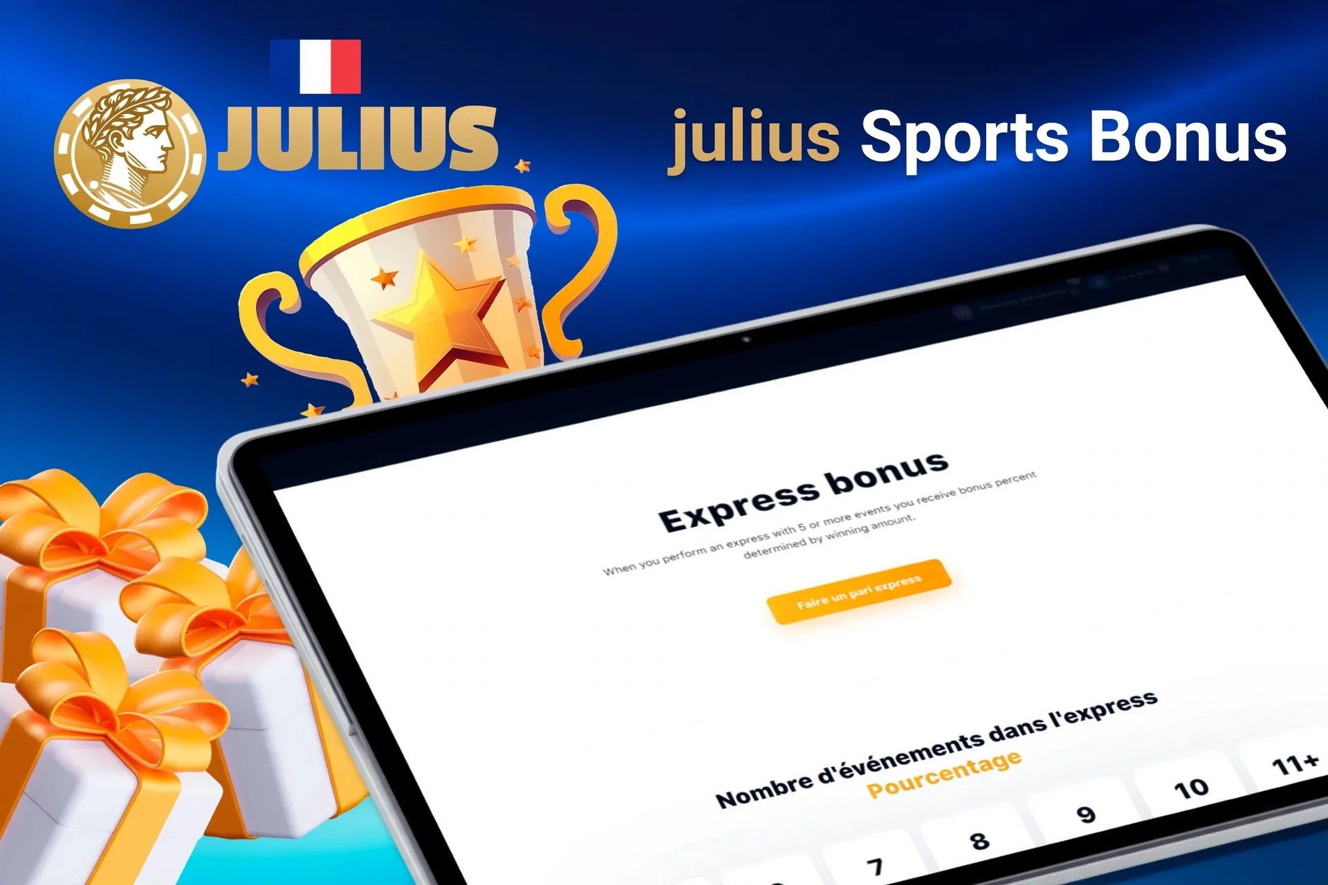 Tablet screen with express bonus offer for sports betting from 1Win, with trophy and gift boxes.