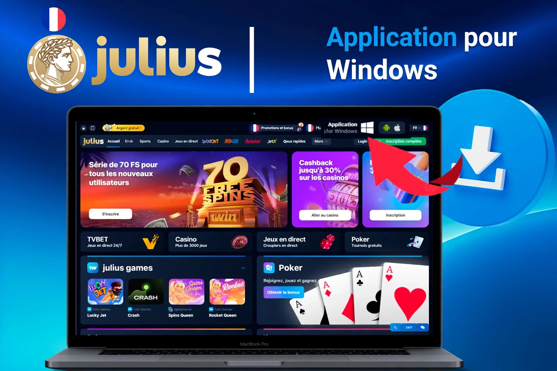Application pour Windows de Julius Casino avec instructions de téléchargement et promotion de 70 tours gratuits