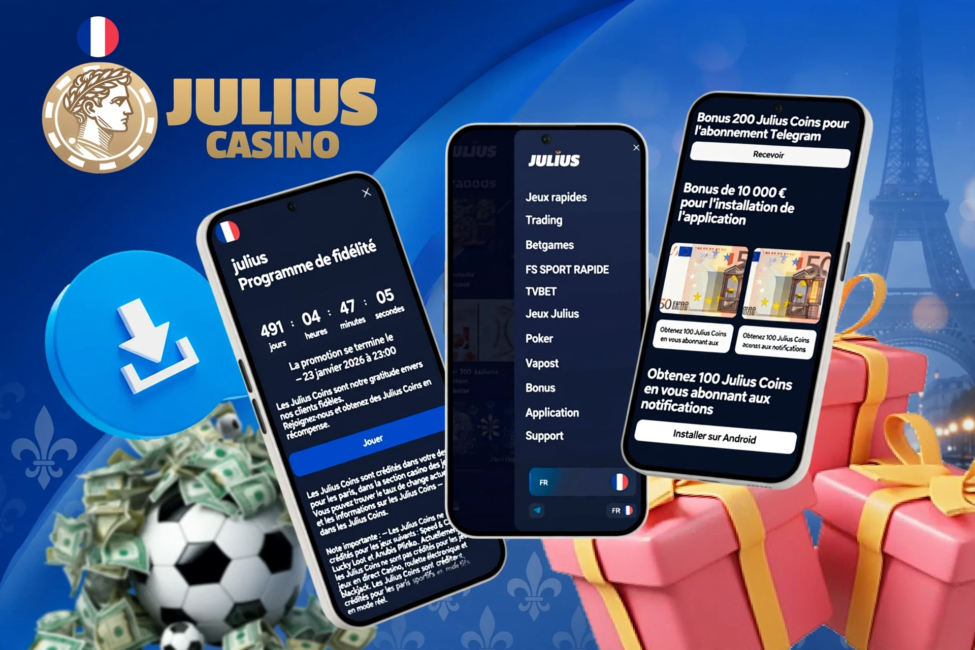 Mobile screens showing loyalty program, app installation bonus, and football icon with download button