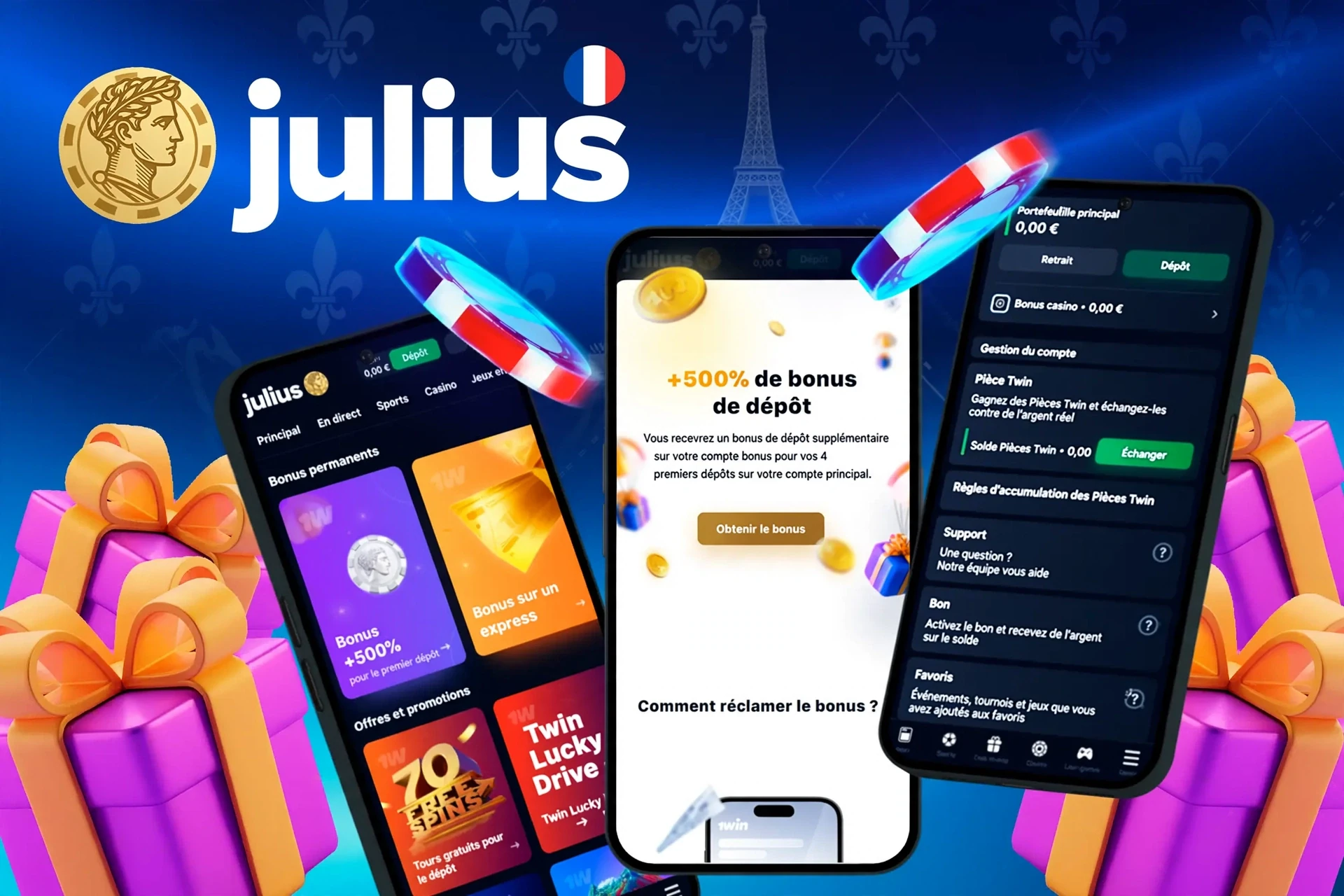 application montrant les instructions pour réclamer un bonus de dépôt jusqu’à 3 000 € et 150 tours gratuits sur mobile avec des éléments de jeu colorés