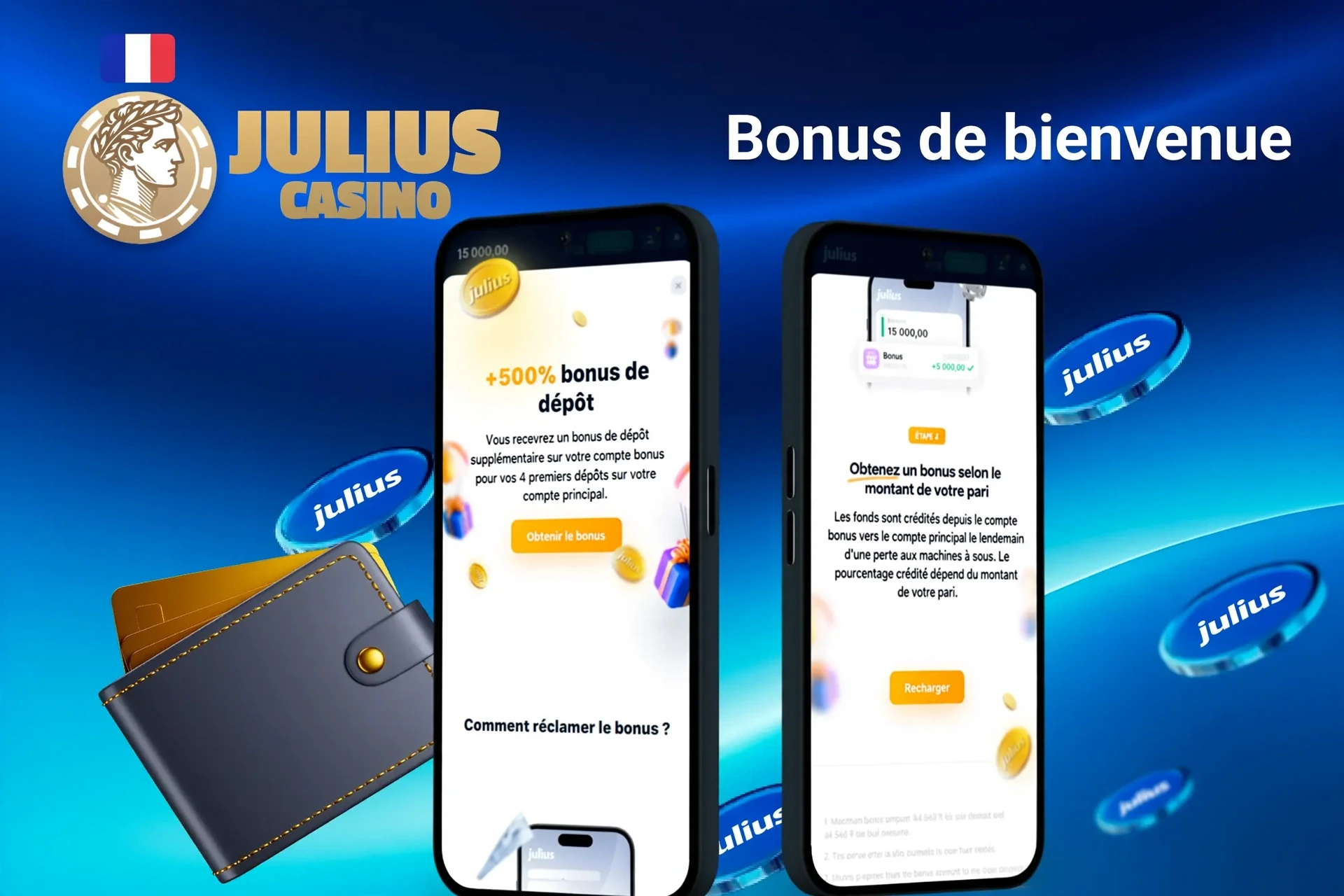 écran du bonus de bienvenue de Julius Casino affiché sur deux écrans mobiles
