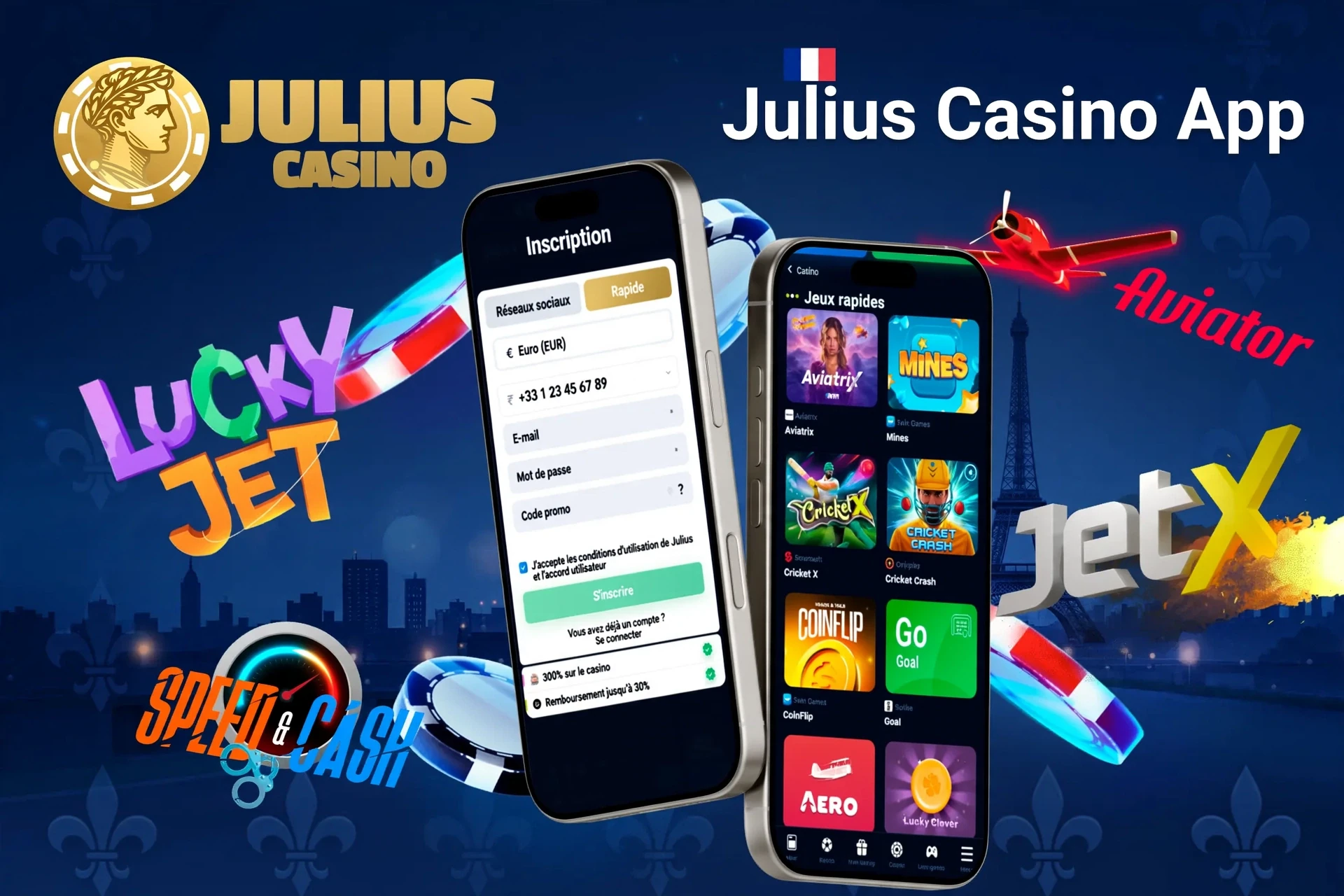 Écran d'inscription de l'application Julius Casino avec des jeux rapides comme Aviatrix et JetX