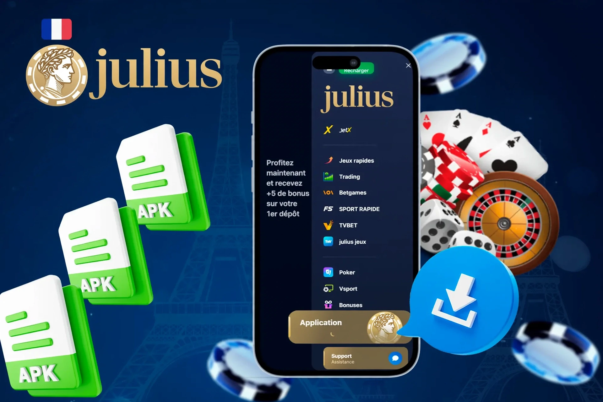interface mobile Julius avec icônes et jetons de casino illustrant l'accès aux jeux sur mobile