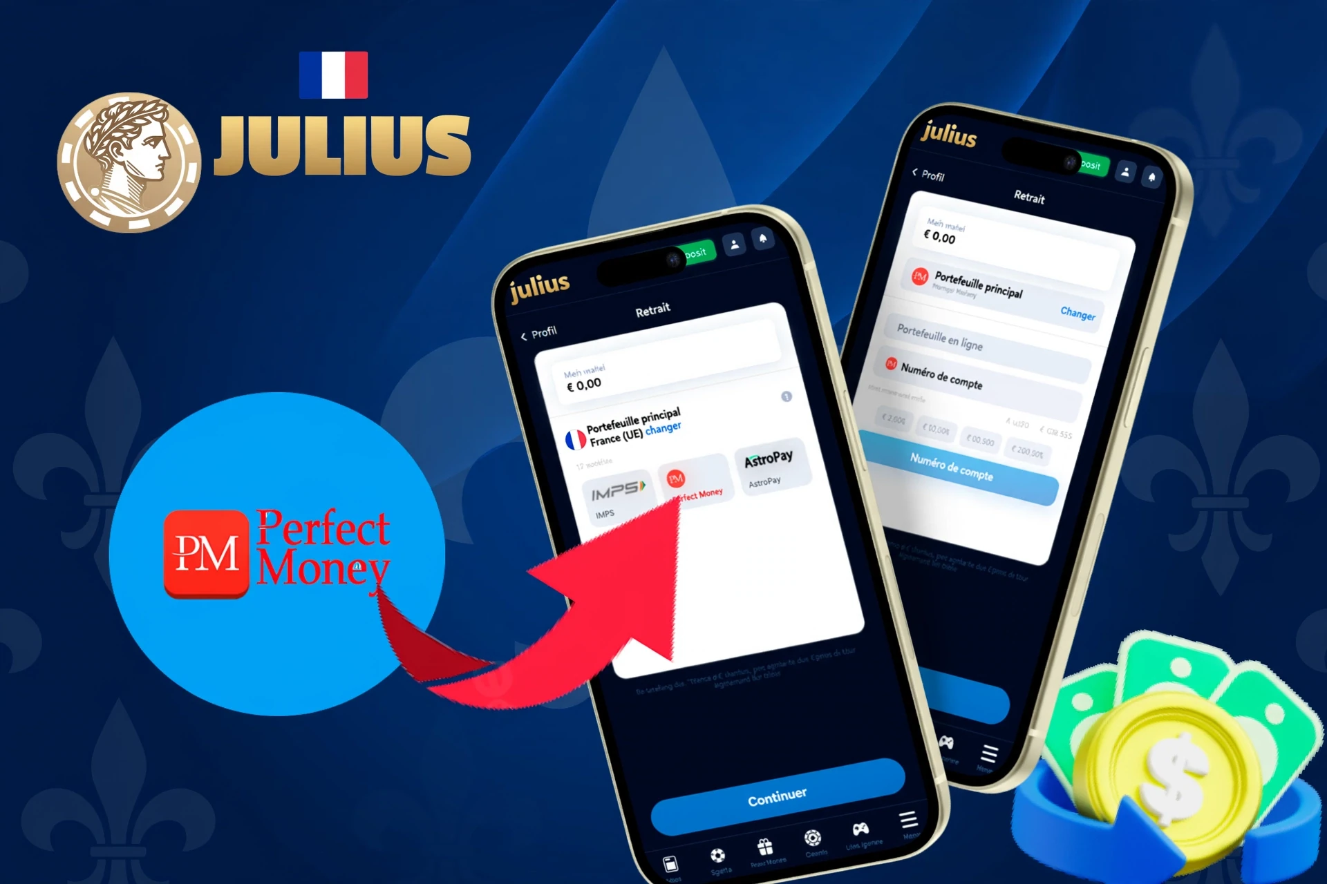 options de retrait, présentant Perfect Money, AstroPay et d'autres services de portefeuille, affichées sur une interface mobile