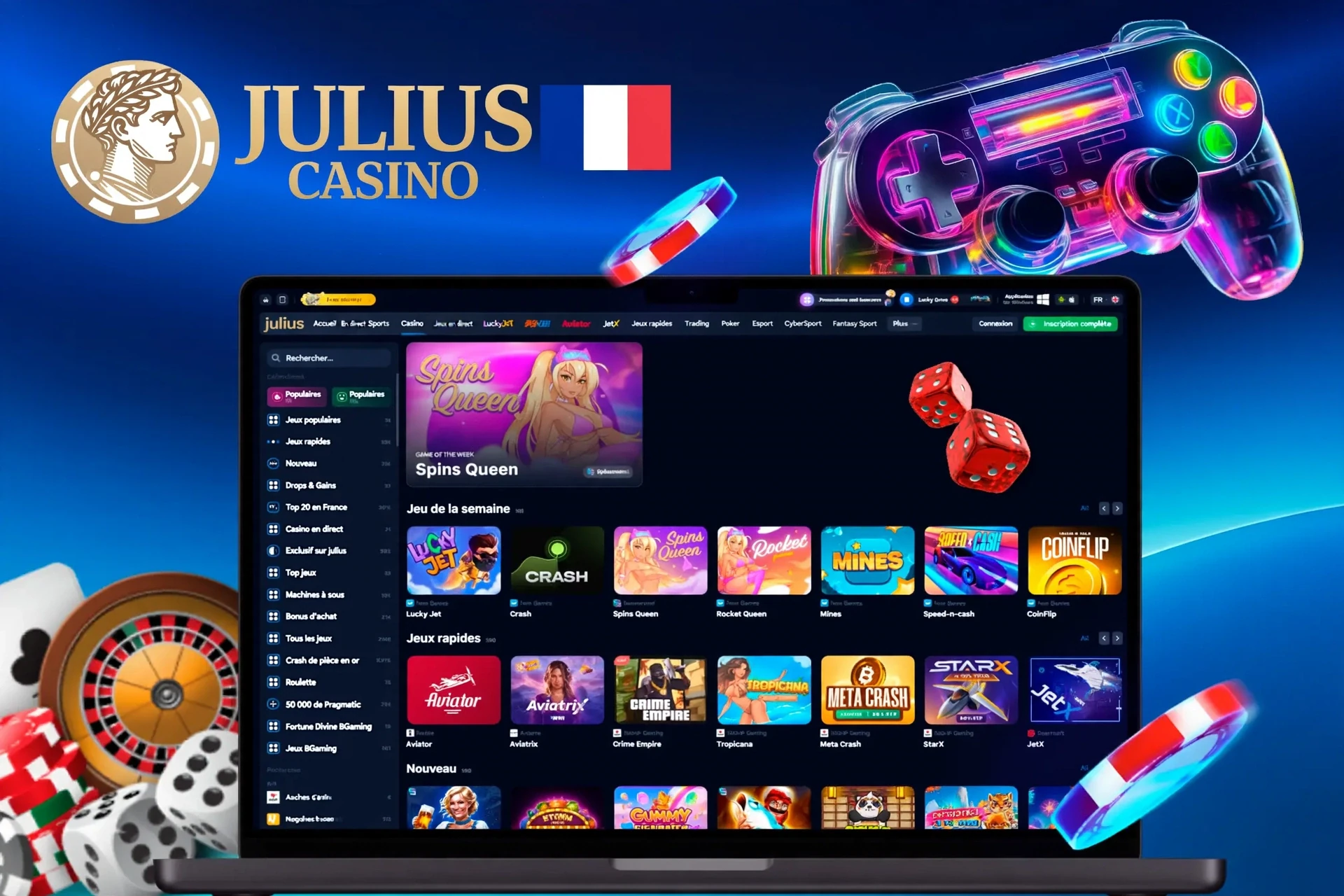 interface montrant une variété de jeux comme Spins Queen, Crash et Rocket Queen avec une icône de manette vibrante