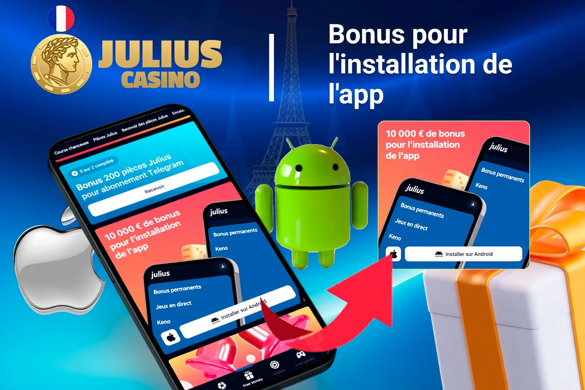 Offre de bonus Julius pour l'installation de l'application mobile avec logos Android et Apple, et boîtes-cadeaux
