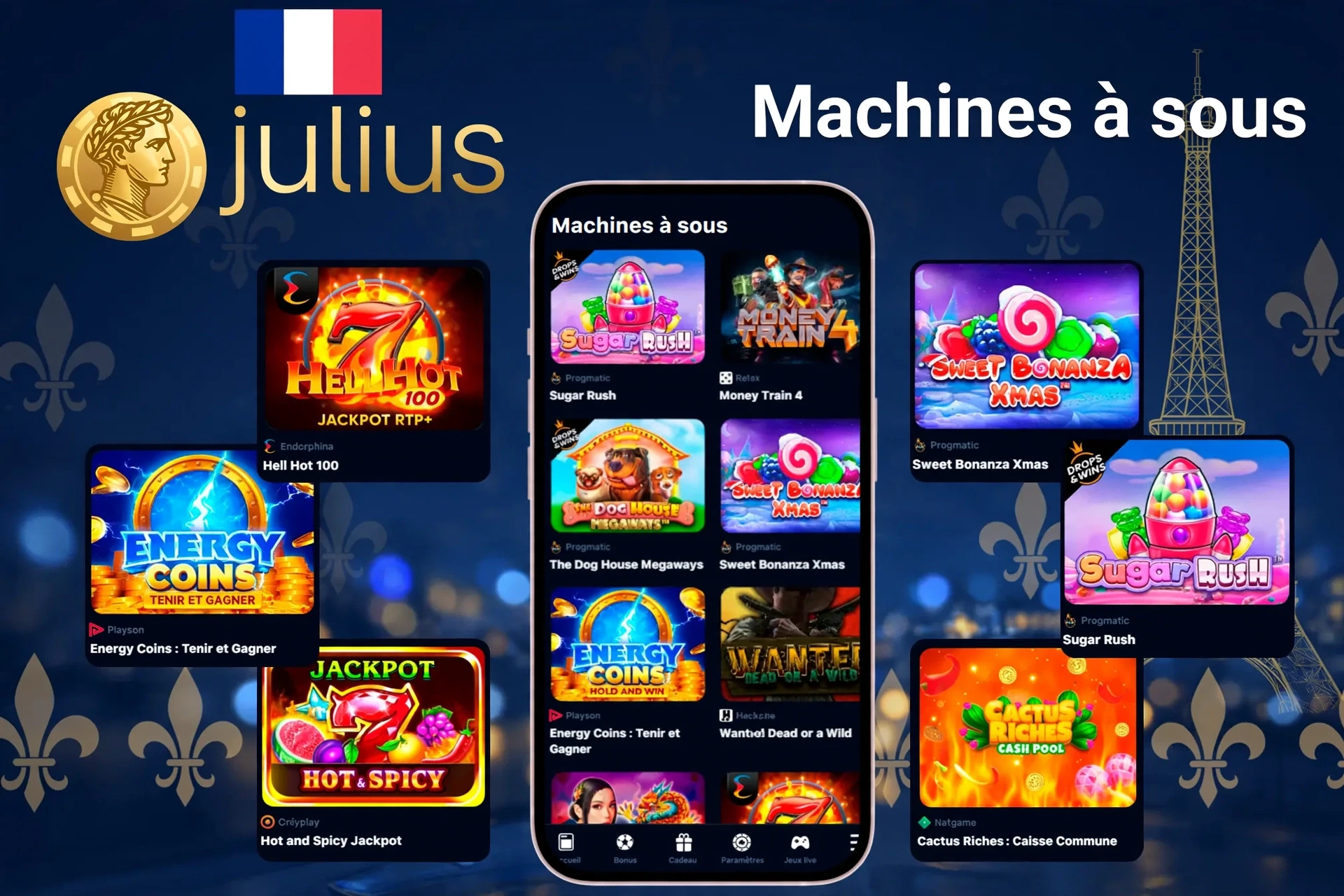 Jeux de machines à sous présentant des titres populaires tels que Sugar Rush, Energy Coins et Hell Hot 100 sur mobile et ordinateur de bureau