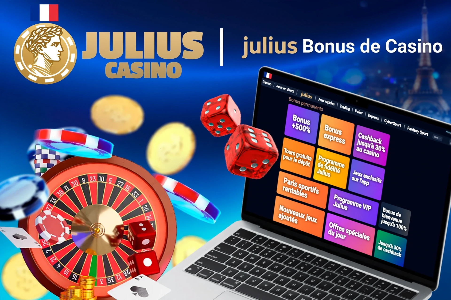 Écran d'ordinateur montrant divers bonus du casino Julius avec roulette, dés et jetons de poker