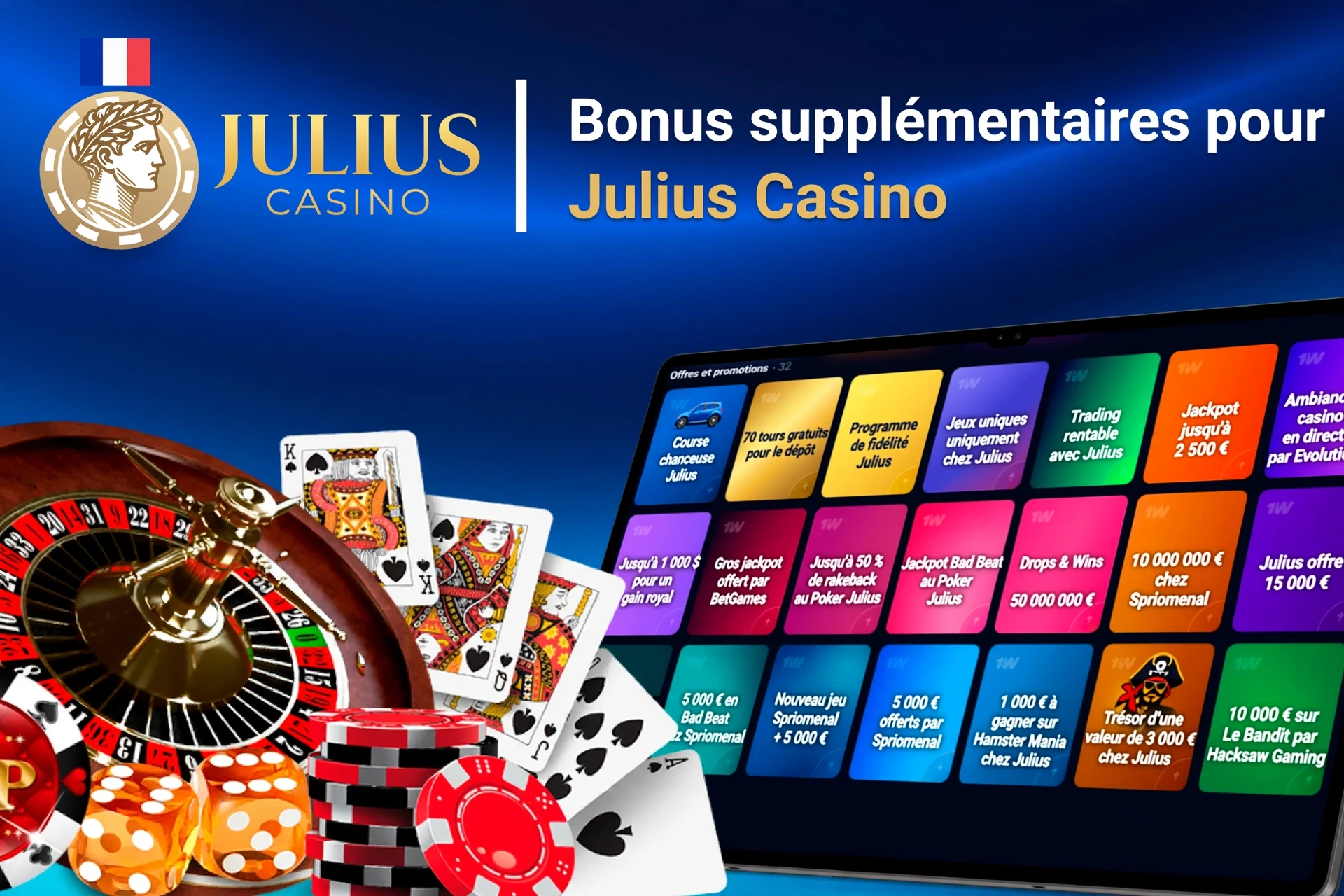 Application mobile montrant des offres de jeux de casino comme programme de fidélité et tours gratuits avec jetons de poker et cartes