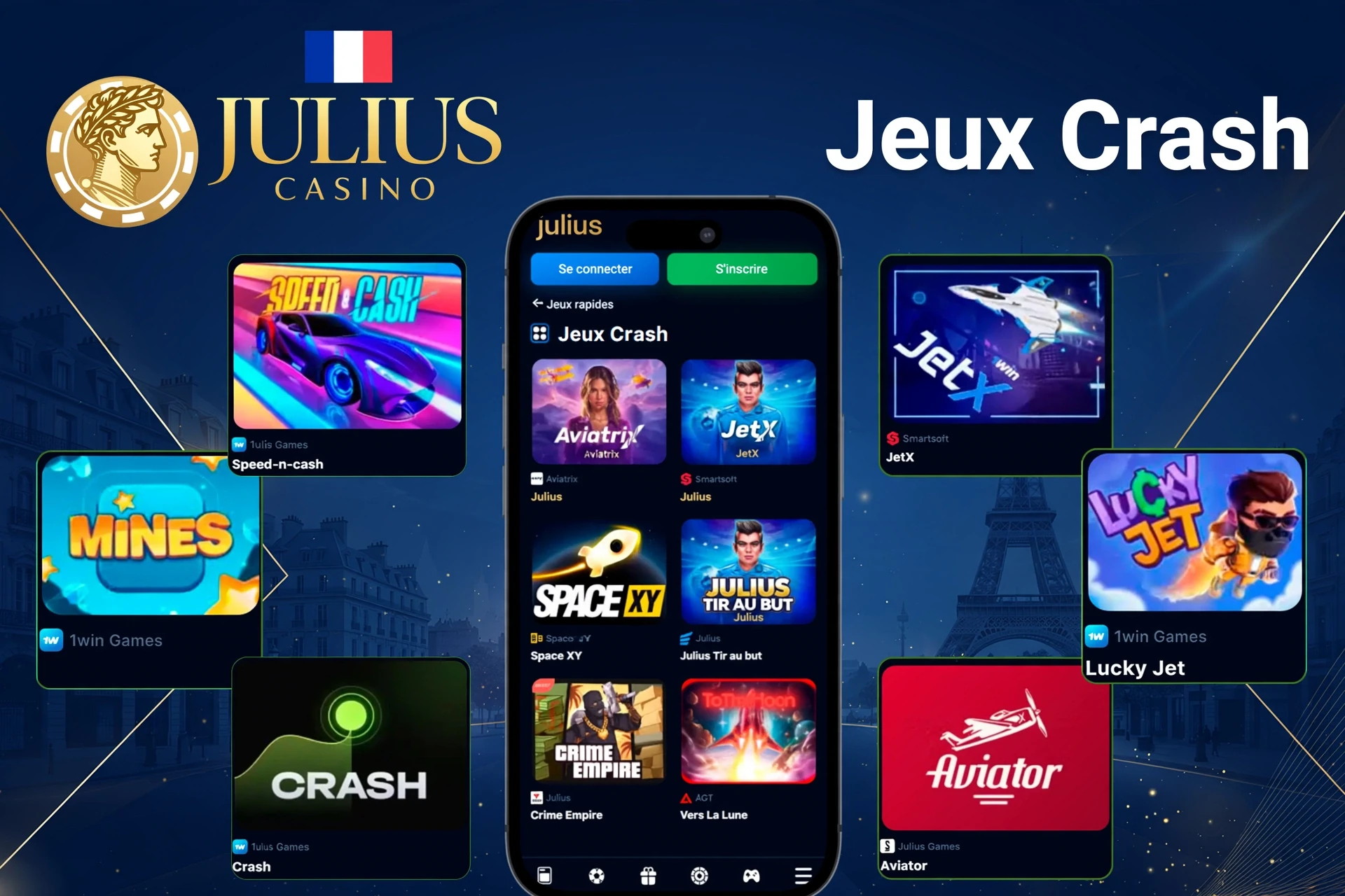 Jeux crash tels que Mines, Speed-n-cash, JetX et Lucky Jet affichés sur l'application mobile